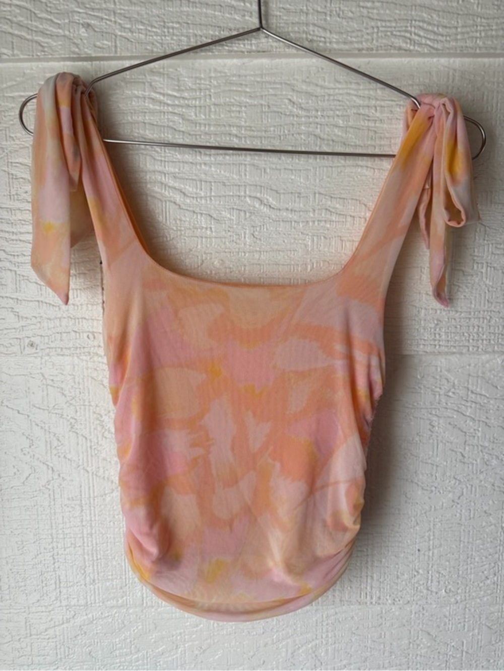 Free People Mesh Floral Tie Shoulder Ruched Tank Top Small Peach Pink